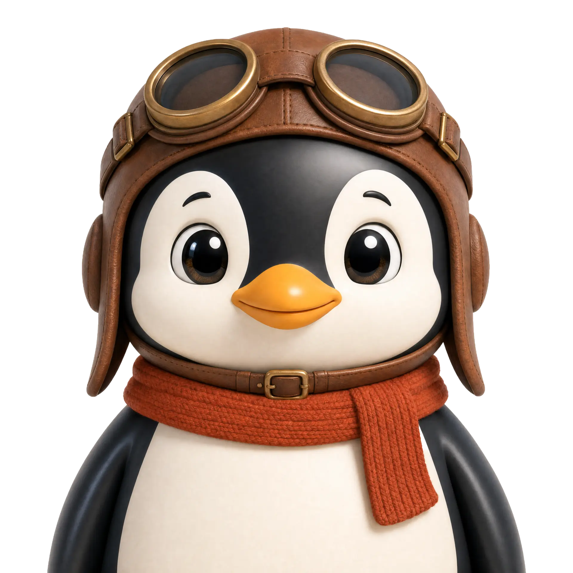 Marlow, a penguin in a leather flight cap and red scarf