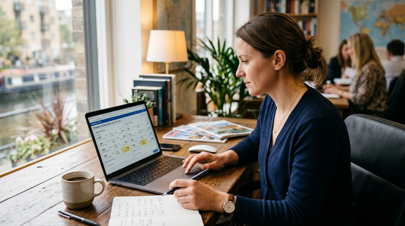 A travel advisor reviewing a multi-city flight itinerary on a laptop, comparing connection times between two draft routes